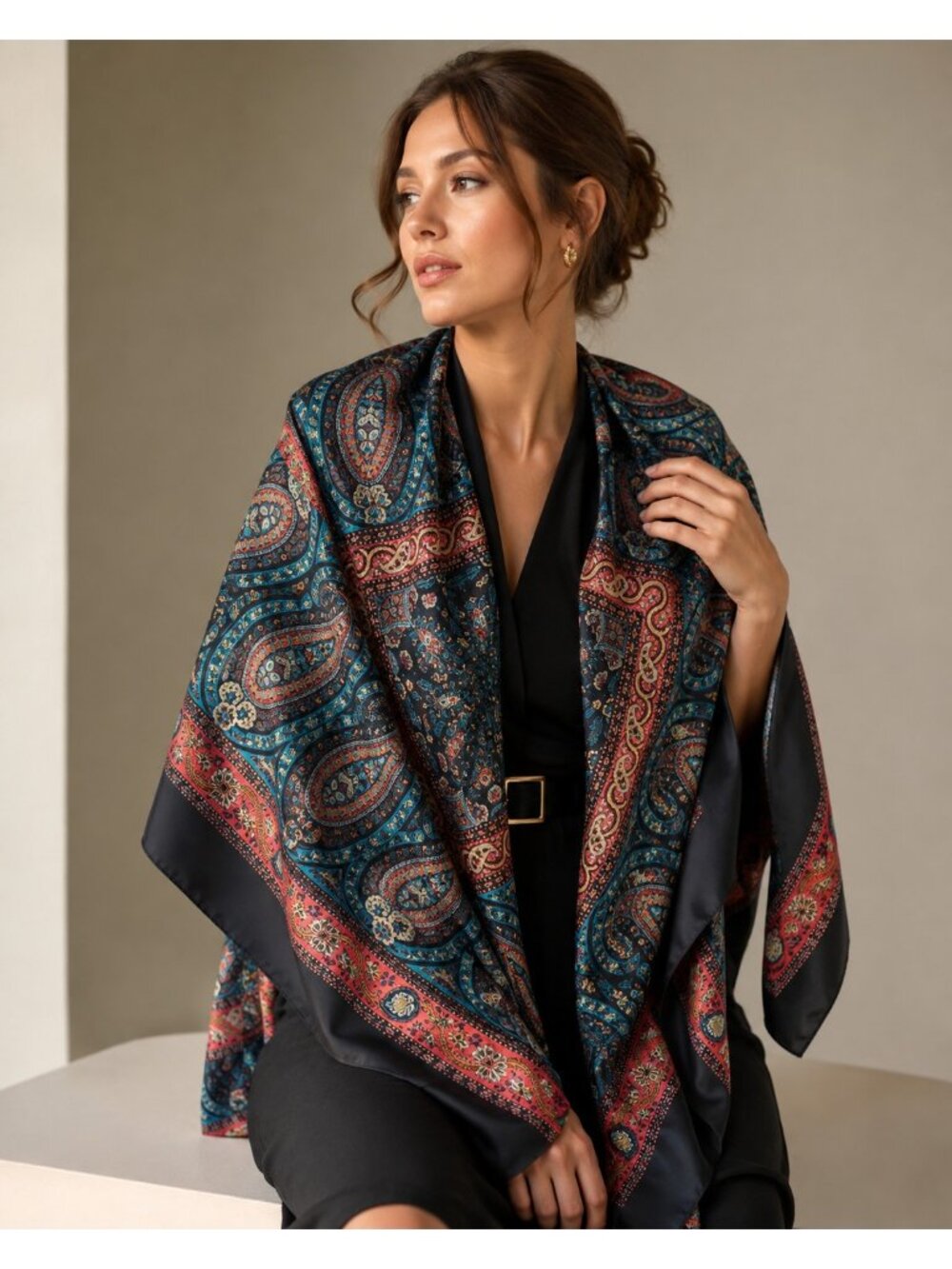 Made in Italy Black Paisley Square Scarf 100% Polyester 30''x30.5''